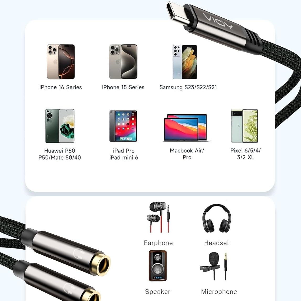 USB C To Dual 3.5mm Female Hea - Earphone Splitter Jack reseña y precio